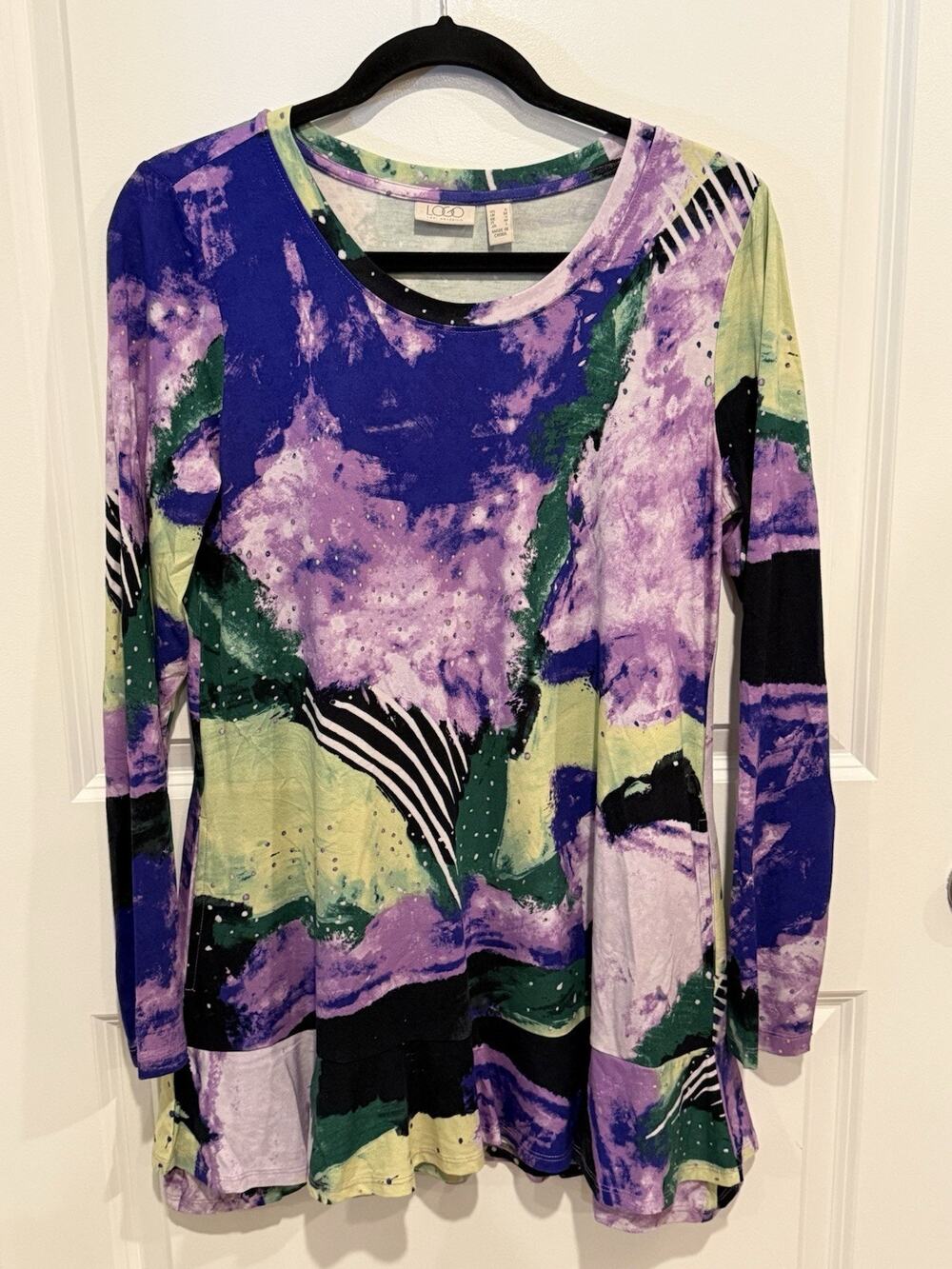 LOGO by Lori Goldstein Top Sz Small Multicolor Long Sleeve Tunic Pockets Artsy